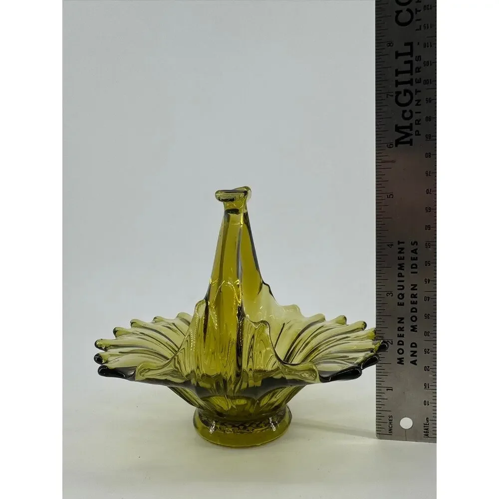 Vintage Indiana Glass Olive Green Wedding Basket Ruffled Candy Dish 6